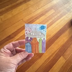 Miniature Colored Pencil Drawing on Paper – UFO Cityscape Planet, Unframed