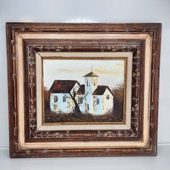 Vintage Oil Acrylic Painting Church Scene Hand Carved Frame MCM 16×18 Framed