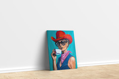 Coastal Cowgirl Pop Art Original Painting 60×80 Red Hat Coffee Woman Portrait
