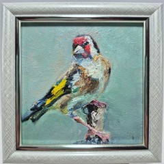 Original oil painting, signed and framed. Landscape. “Bird Goldfinch” 4×4