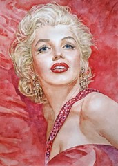 11,69 × 16,53″ ~Marilyn Monroe in captivity of the red ~ watercolor SIGNED/DATED