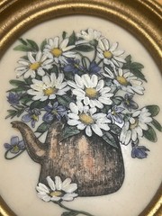 Vintage Oval Gold Frame Handpainted Daisies in watering can on Resin 5.25″X6.25″