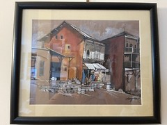 village in india mixed media ( pastel, ink, watercolor?) painting ~18.5×15.5”