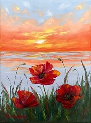 Poppy Field Oil Painting Original Ocean Sunset Wild Flowers Meadow Wall Art