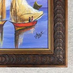 Pair Vtg Haitian MCM Sailboat Oil Paintings Signed Jack 8×10 Carved Wood Frames