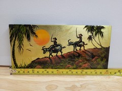Vtg Vietnamese Lacquer Painting Gold Leaf Water Buffalo Sun Art Plaque 8.5″ x 4″