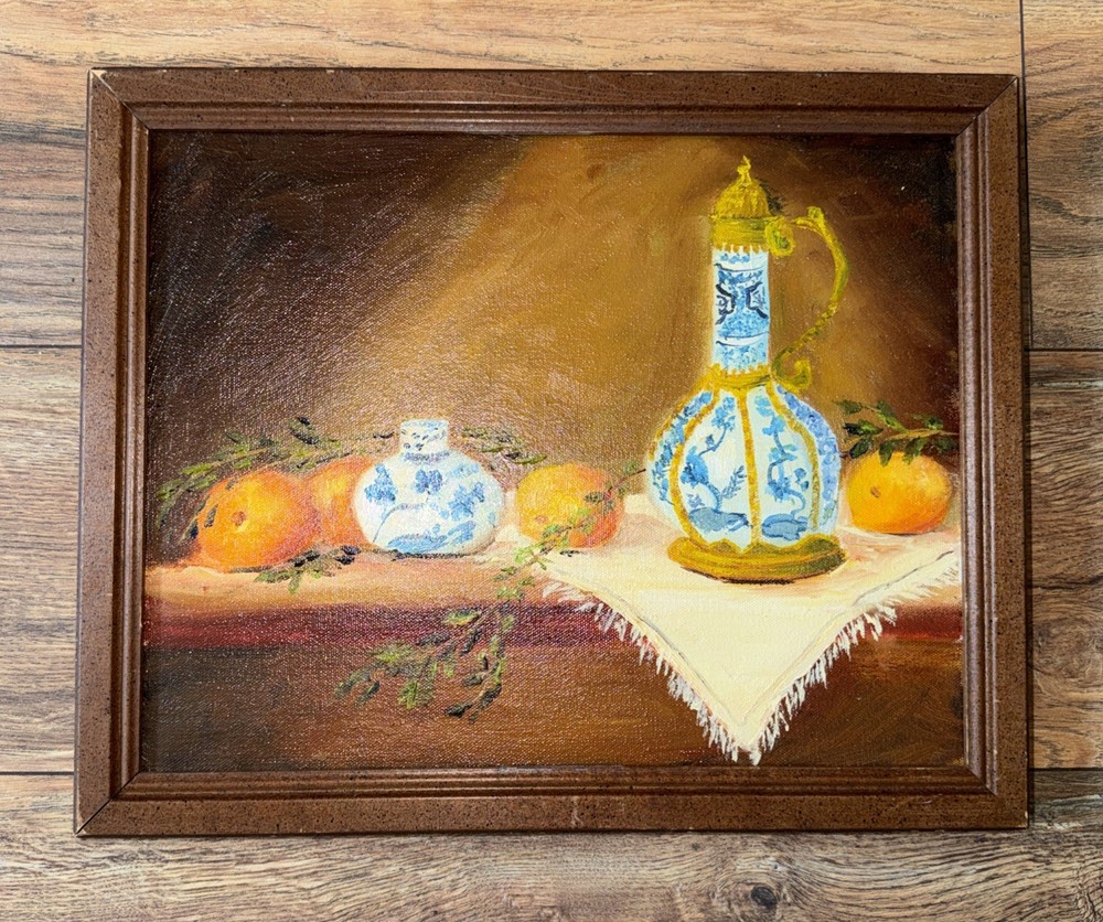 VTG Original Oil Painting Still Life Blue White Porcelain Vase Oranges Framed
