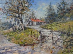 GERRY MILLER – Red Roof, Bute. Oil Painting.39 x 29cm (unframed).