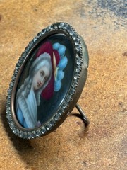 Antique hand painted Porcelain CAMEO AMW 24k gold plated JEWELED FRAME Red Hat