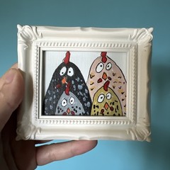 Chickens Hens Funny Animals, cute,original,miniature Painting,small,mini,framed