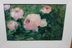 signed Janice M. Warriner Hand Painted Floral Oil Painting Pink Roses Santa Fe