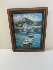 W. Chapman Original Framed Oil Painting Seascape Boats Harbor Mountains 18×15