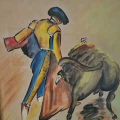 BAEZ Signed Framed Modern Painting Matador & Bull Animal Theme, Single Piece