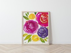 Original Print of OOAK Painting Bright Trio Watercolor Flowers