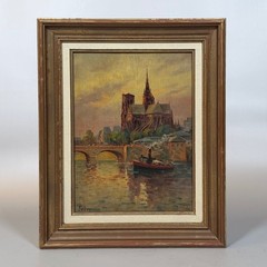 Jean Fabry, Antique French Oil Painting Paris Notre-Dame Cathedral Seine Signed