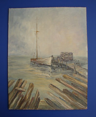 Marge Maguire Fishing Boat at pier Nautical oil painting on Masonite 12″ X 15″