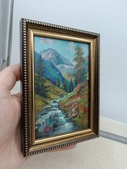 Mountain Waterfall Original Oil Painting 4×6 Framed Signed River Landscape Art
