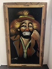 MCM Black Velvet Clown Painting Wood Framed Vintage Art Stretched Canvas Signed