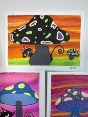 ACEO Set Of 3 Mixed Medium Mini Paintings Abstract Cats With Big Mushrooms