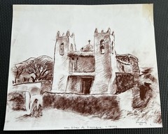 Vintage Charcoal Drawing “San Diego De Tesuque Mission” by Bill Rakocy