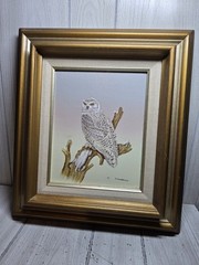 Vintage Snow Owl On Canvas Wildlife Painting Still Life C Carson 8×10 Serigraph