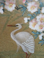VTG Japanese Painting Heron & Cherry Blossoms on Cork Paper signed Taguchi