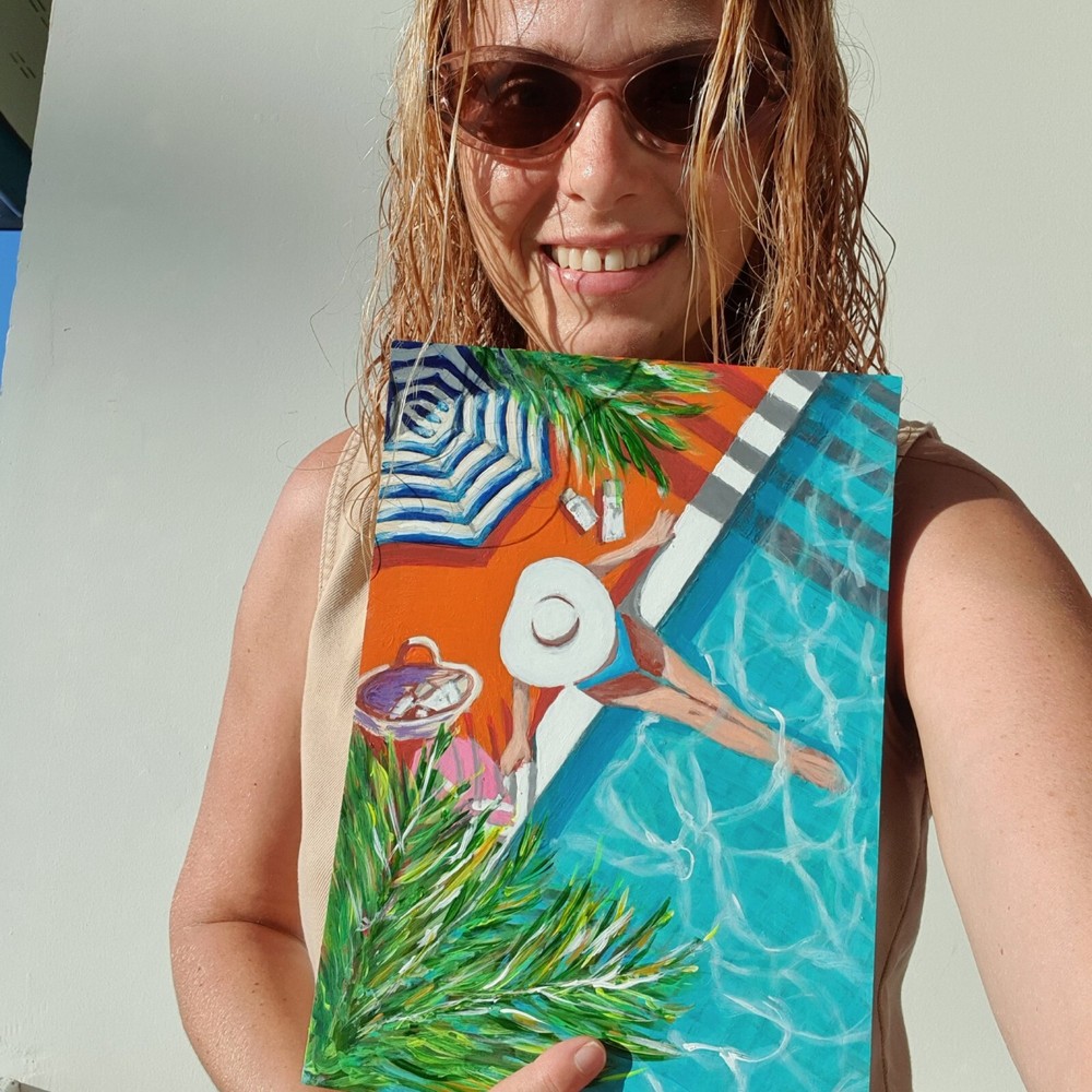 Girl Painting Tropical Palm Original Wall Art Poolside Swim Figurative Summer
