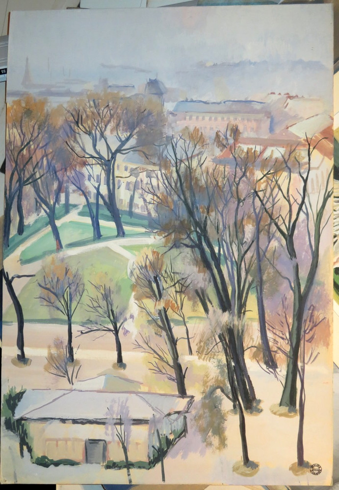 FRENCH SCHOOL DRAWING WATERCOLOR LANDSCAPE PARC PARIS MONTMARTRE EIFFEL TOWER…