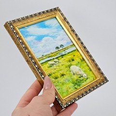 Original Oil Painting Grazing Sheep Meadow Landscape 4×6 Framed Countryside