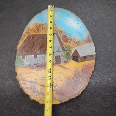 Vintage J. Smith 1988 Hand-Painted 14″ Oval Wood Log Slice Barn Farm Scene