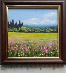 Original Oil Painting Landscape Field with Wild Flowers Framed Wall Art 4 x 4 in