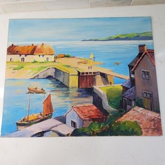 Coastal European Harbour Scene Original Oil or Acrylic Painting 1958 WB Kennedy