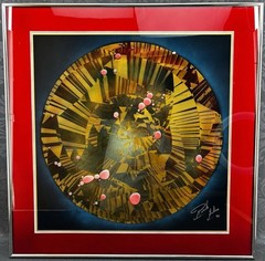 Rick Silas 1990 Spiral Artisan Glass Enamel Framed Art 24” Panel Abstract Gold