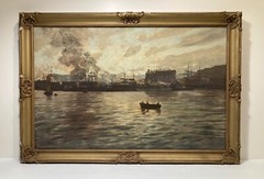 LEOPOLD BERAN INDUSTRIAL PORT SEASCAPE TONALIST MID CENTURY ANTIQUE OIL PAINTING
