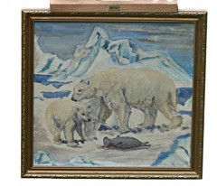 Polar Bears With Young Cubs in Arctic Landscape Oil Painting, Framed