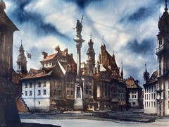 Vintage Watercolor Art Painting Sigismund’s Column Warsaw Poland Signed