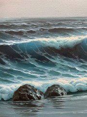 Oil Painting 24×36″ Ocean waves falling under night sky, lighthouse, seagulls