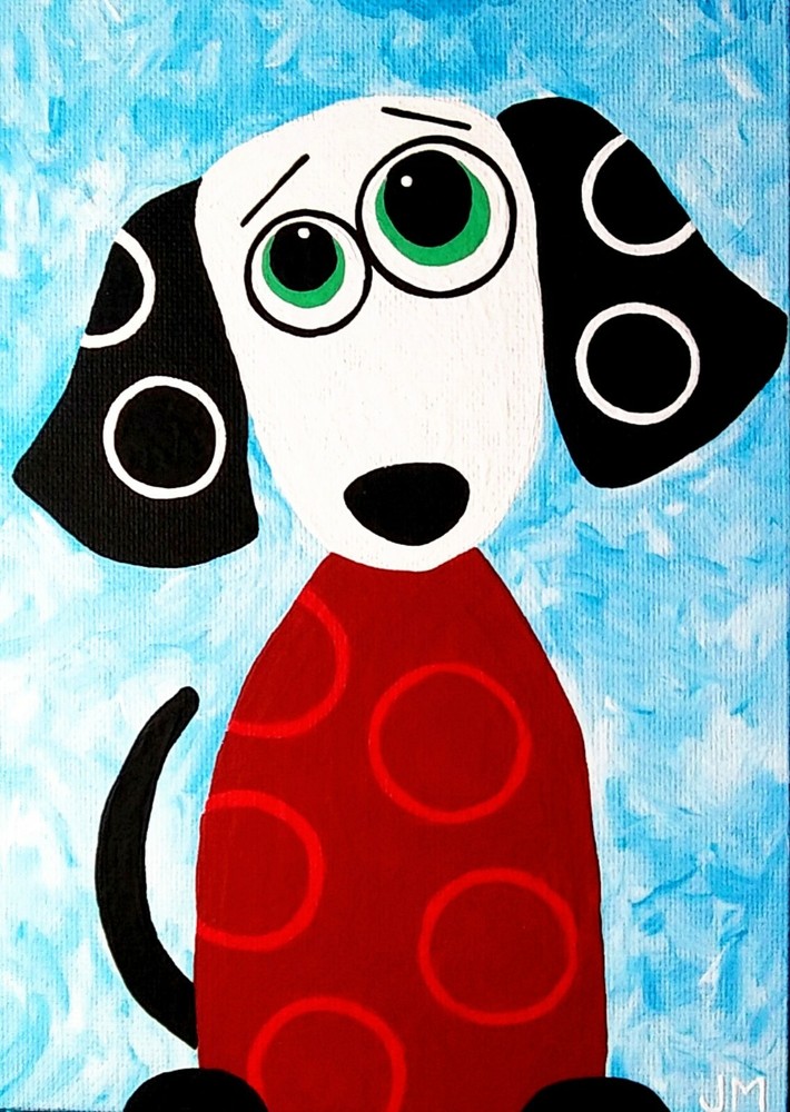 Sale! whimsical original painting 5″x7″ signed „Dog in a Little Trouble“