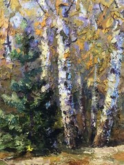 Oil Painting Birch Grove B. Serdyuk Unframed Original Home Decor Art nAAA3191