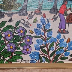 I. Mendez 1996 Signed Framed Canvas Naïve Folk Art Coastal Village Scene