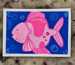 ACEO Original Acrylic Art Cards Fish Pink Goldfish Animal Marine Bubbles Nova