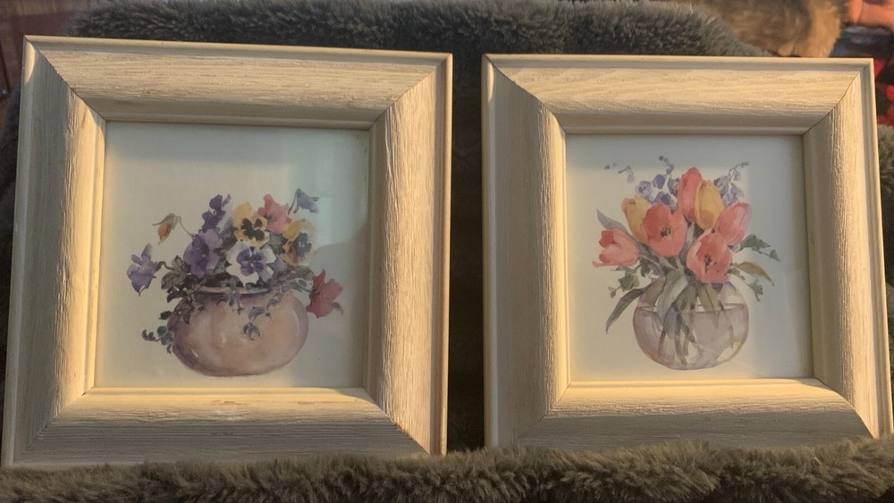 2 Rosalind Oesterle Watercolor Flowers Pansies & Tulip Floral Bouquet Painting