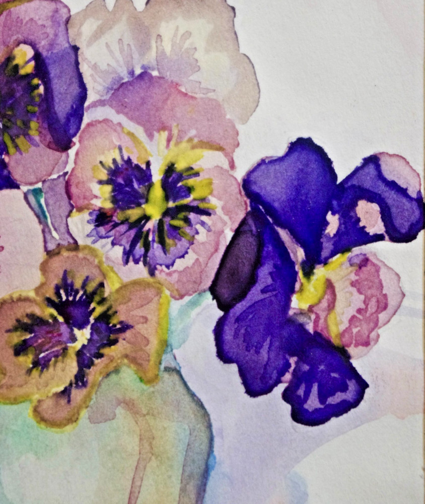 Watercolor- Framed Signed Louise D- Pansies Green Vase Floral Small