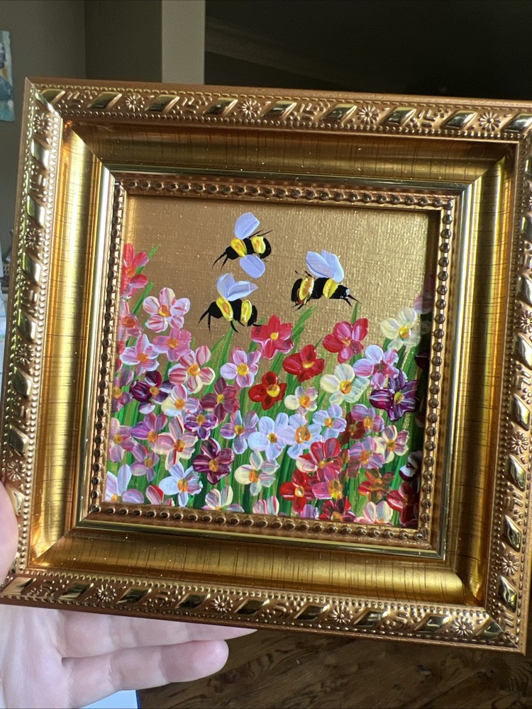 Bee, Honeybee Wild flowers, original,miniature Painting,small,mini, Framed