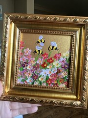 Bee, Honeybee Wild flowers, original,miniature Painting,small,mini, Framed