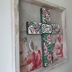 Folk Art ORIGINAL Christian Cross Jesus is Lord White Shabby Chic Pink Flowers