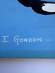 MID CENTURY PAINTING BIRDS MODERNISM CUBISM SIGNED GORDON VINTAGE ILLUSTRATION