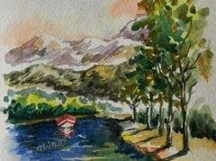 Fine Art, signed original Watercolor painting, with framed „Tree Lined“