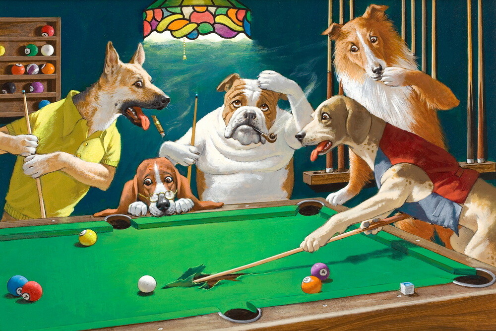 Comical Dogs Playing Pool Billiards Art Giclee Printed Oil Painting Print