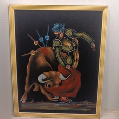 Vintage MCM Matador Bull Fighting Velvet Painting Hand Painted signed FG 15×19